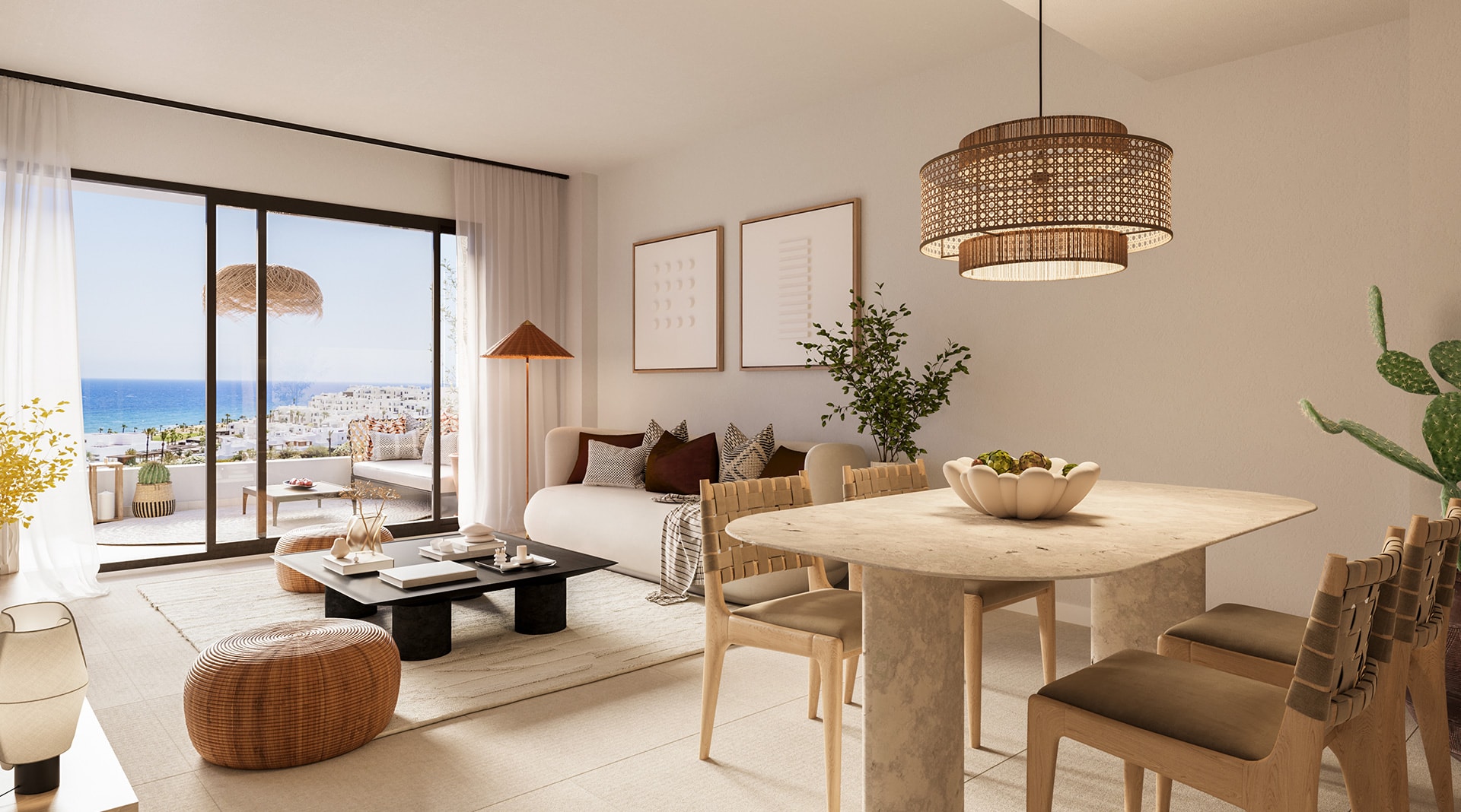 Todos los apartamentos cuentan con ventanales que combinan a la perfección los amplios y luminosos espacios interiores con las terrazas exteriores.